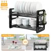 2 Tier Iron Dish Drying Rack Drainboard Set with Large Storage Anti-Rust Dish Drainer Shelf Tableware Holder Cup Holder For Kitchen Counter Storage