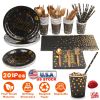 201PCS Black Gold Birthday Party Supplies For 25 Guests Happy Birthday Disposable Dinnerware Set Paper Plates 9OZ Cups Straws Napkins Forks Knives Spo