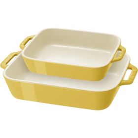 2 Piece Ceramic Stoneware Bakeware Casserole Baking Dish Set in Yellow / Ivory