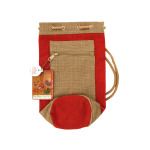 Red &amp; Natural Drawstring Burlap Wine Tote Bag