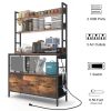 Black Metal Kitchen Baker's Rack with Brown Wood Shelves and Storage Cabinets