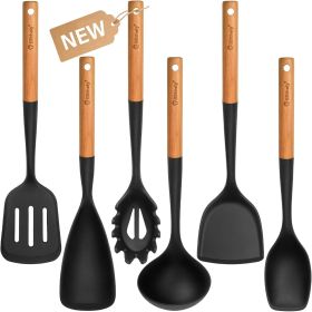 Large Silicone Kitchen Utensils Set, 6 PCS Nonstick Cooking Utensils Set with Wooden Handle