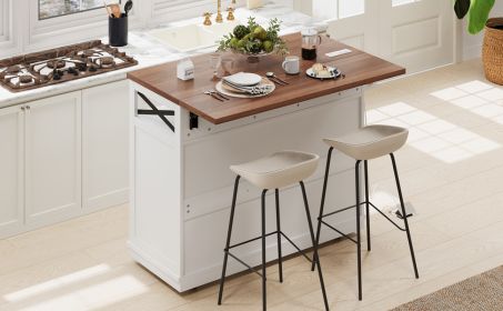 K&K 46.5'' Farmhouse Kitchen Island with Drape of Beads, Power Outlet, Rolling Kitchen Cart on Wheels with Drop Leaf, 3 Doors