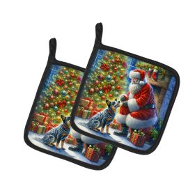 Australian Cattle Dog and Santa Claus Pair of Pot Holders Kitchen Heat Resistant Pot Holders Sets Oven Hot Pads for Cooking Baking BBQ, 7 1/2 x 7