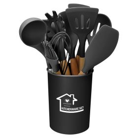 11Pcs Silicone Cooking Utensil Set Heat Resist Wooden Handle Silicone Spatula Turner Ladle Spaghetti Server Tongs Spoon Egg Whish Kitchenware Set w/ H (Option: Black)