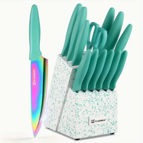 14-Piece Rainbow Colored High Carbon Stainless Steel Kitchen Knife Set, Titanium Coated Blade, Rust-Free & Super Sharp, Flatware Set With Wooden (Option: Green)